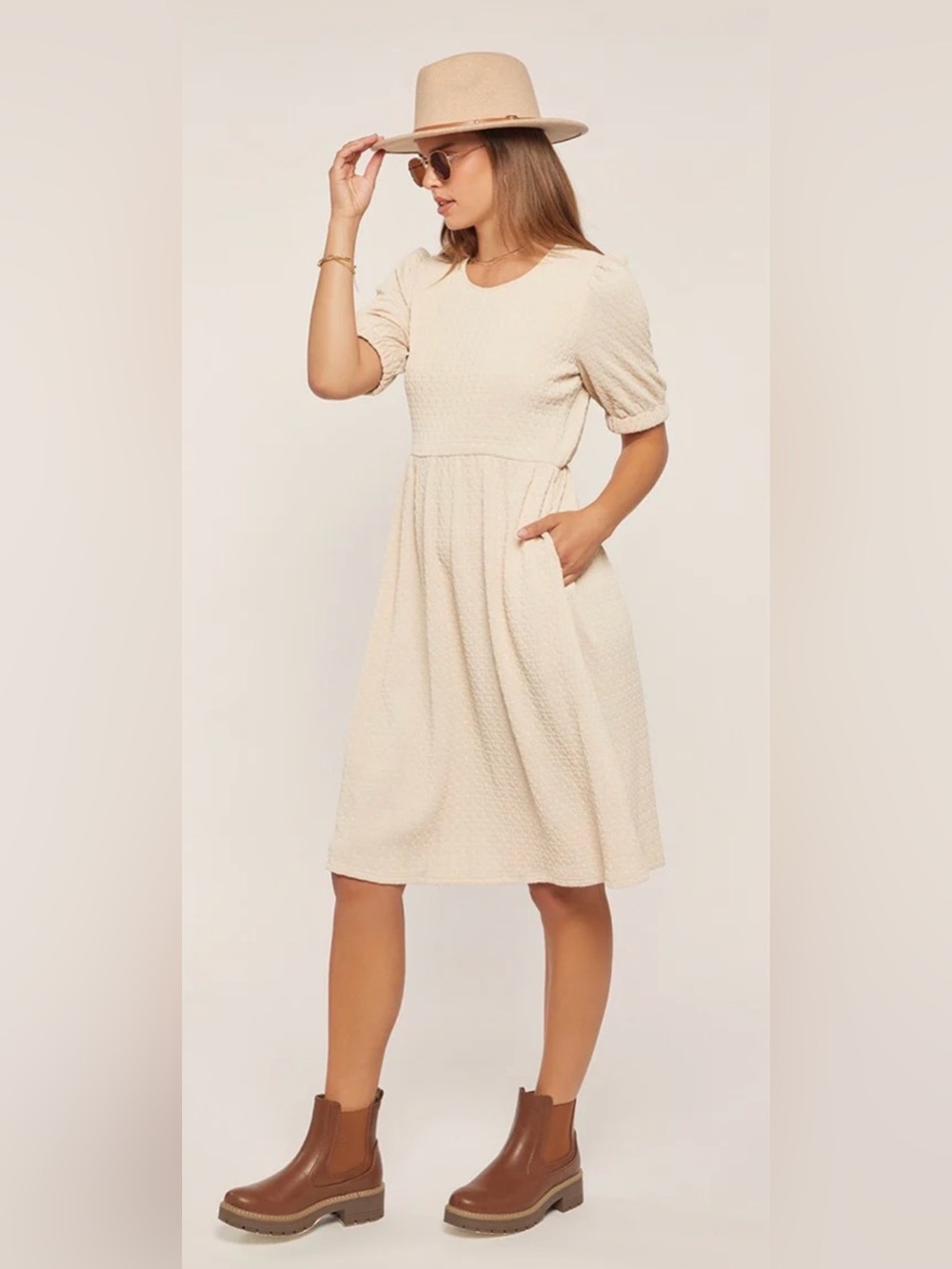 Ivory Textured Knit Midi Dress with Puff Sleeves and Pockets